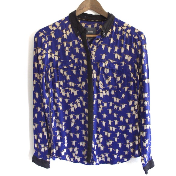 Anthropologie Maeve Penguin Retro Print Collar Button Top XS 0 - Picture 3 of 12